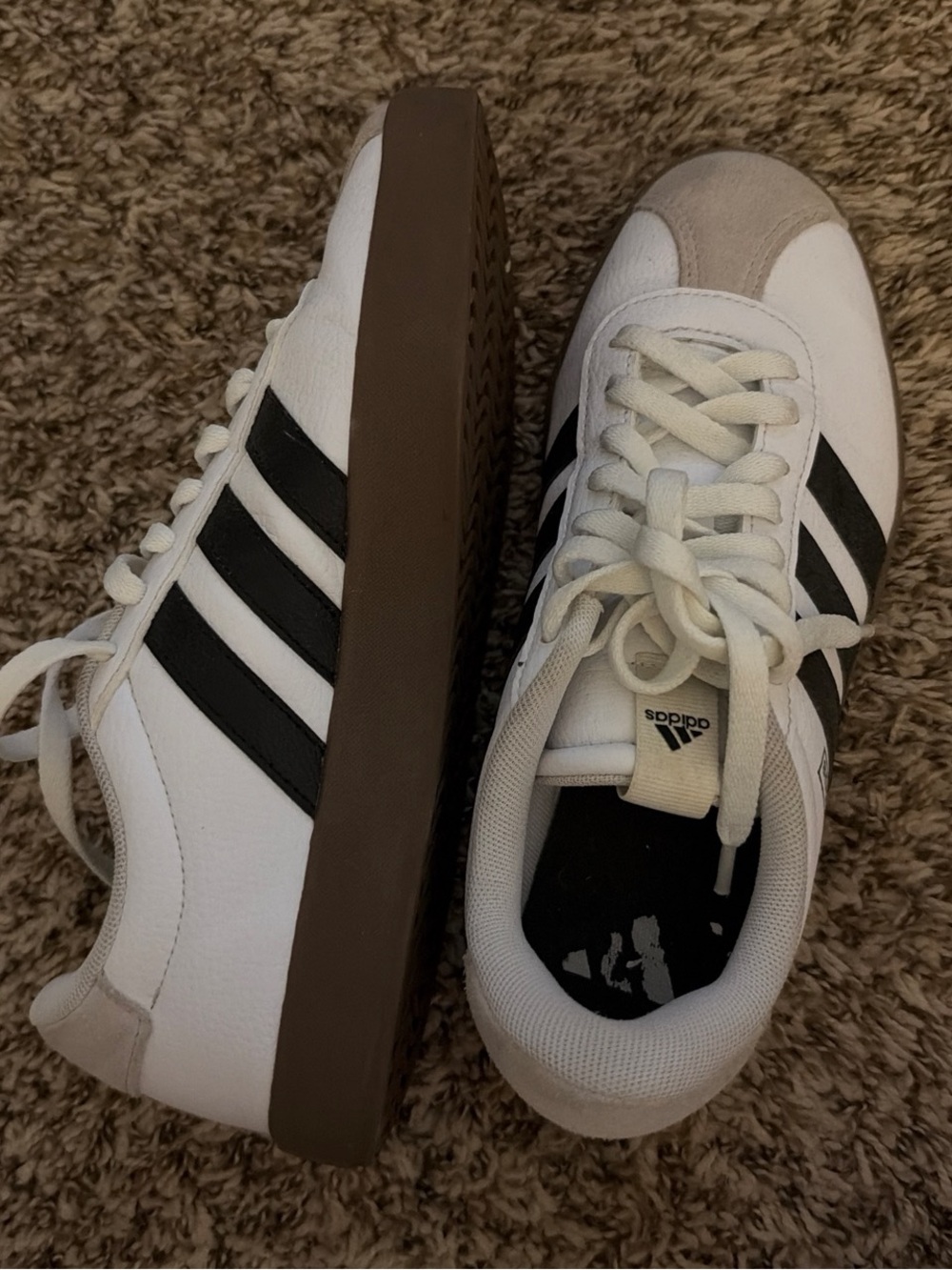 Adidas women’s White Sneakers with Black Stripes and Brown Sole